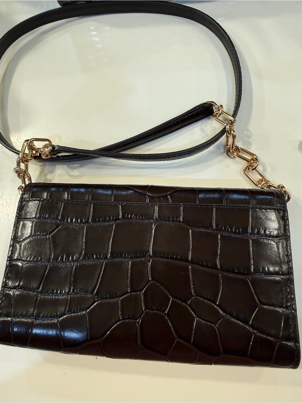 Michael Kors Black Croc-Embossed Crossbody with Gold Chain